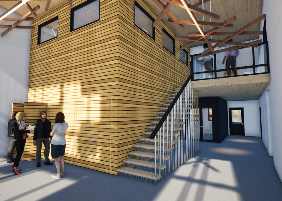 An illustration of the lobby a huge central column houses the a conference room, nail-laminated timber lines the walls